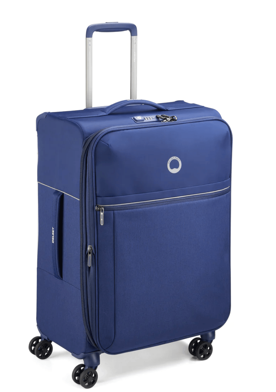 Valise Delsey Brochant 2.0 Taille Medium 67 cm extensible bleu vue de profil