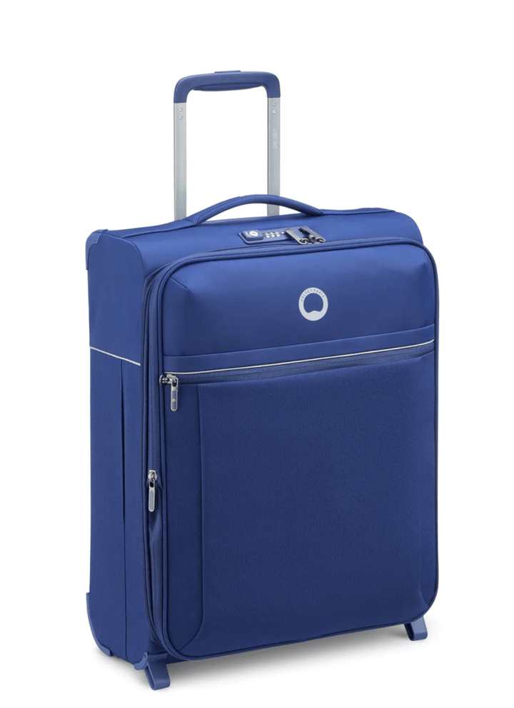 Valise Delsey Brochant 2.0 taille cabine slim extensible 55 cm bleu vue de profil